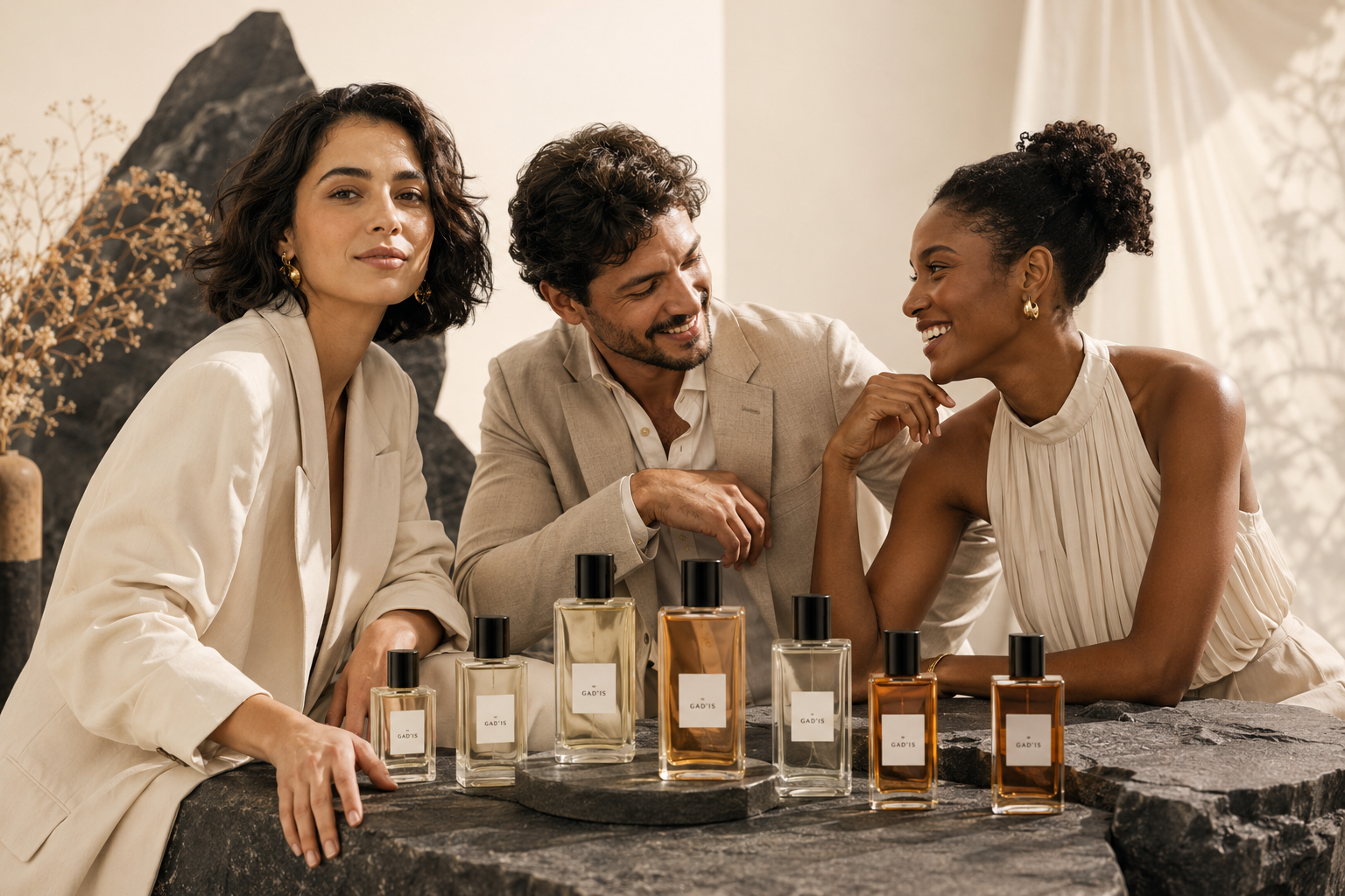 Pessoas elegantes reunidas com coleção de perfumes artesanais Gadis