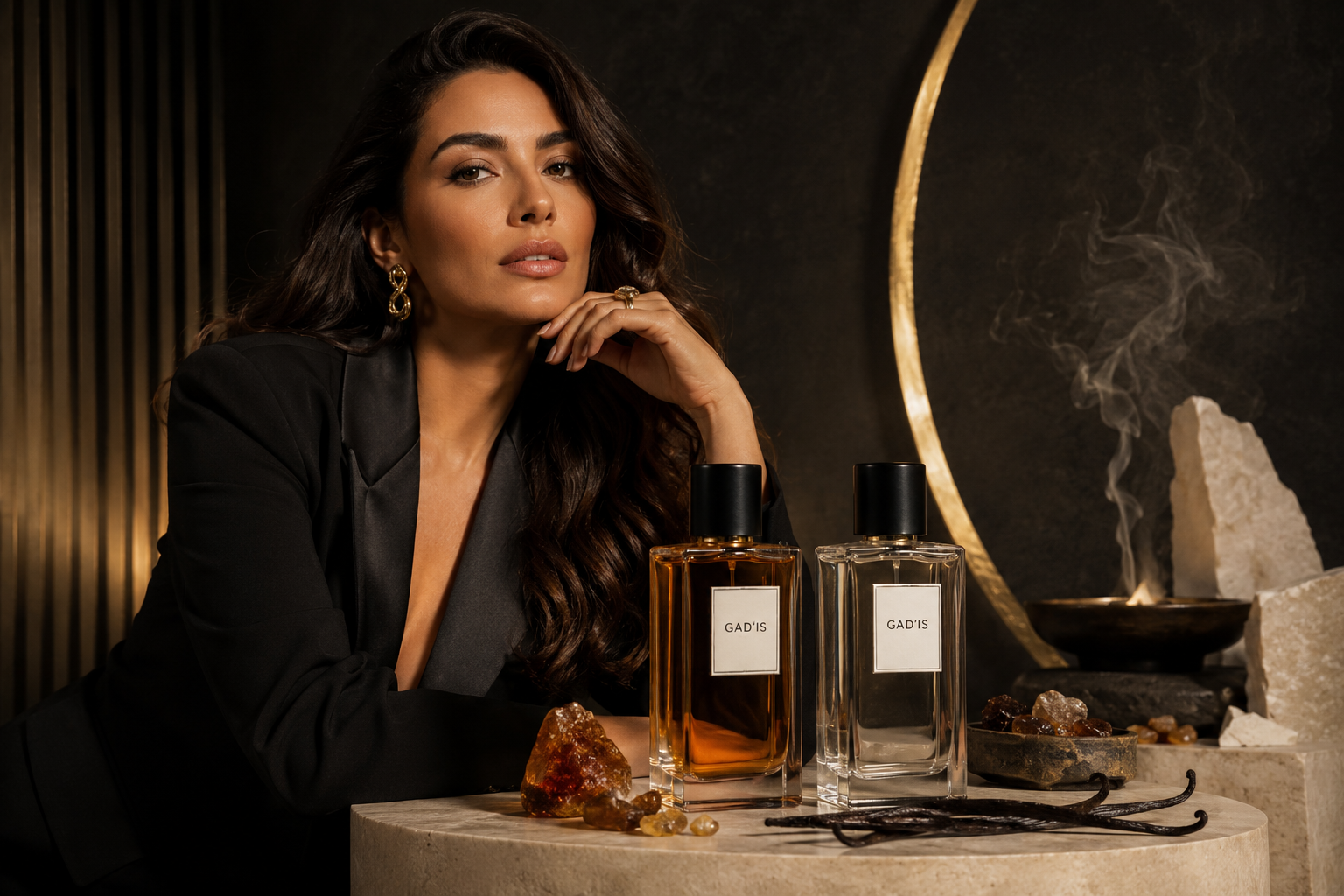 Mulher elegante com perfumes Gadis âmbar, resinas e incenso
