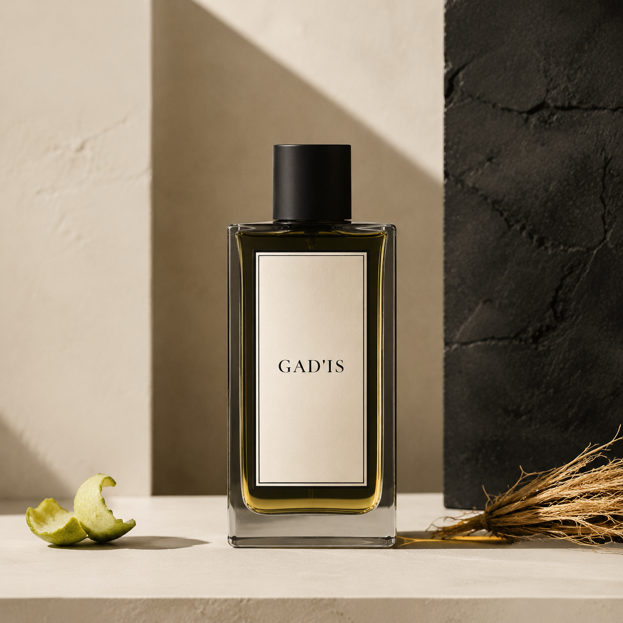 Frasco Gadis em composição editorial marfim e carvão com bergamota e vetiver