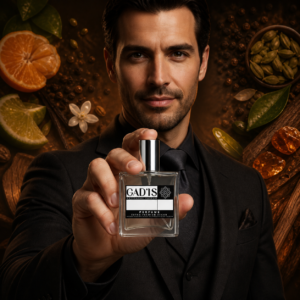 Homem com o Perfume Duzentos e Doze Sedução 02 Vegano, contratipo inspirado no 212 Sexy Men, com notas olfativas ao fundo