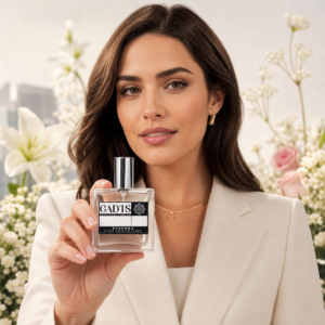 Mulher com o Perfume Duzentos e Doze Ela Vegano, contratipo inspirado no 212 Fem, com notas olfativas ao fundo