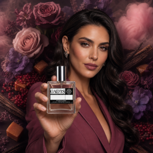 Mulher com o Perfume Duzentos e Doze Sedução Vegano, contratipo inspirado no 212 Sexy, com notas olfativas ao fundo