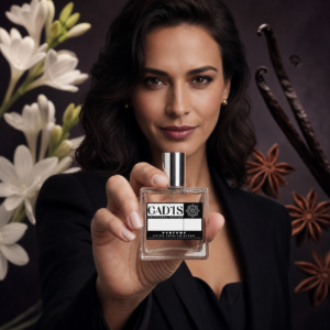 Mulher com o Perfume Artemísia Vegano, contratipo inspirado no Absinto, com notas olfativas ao fundo