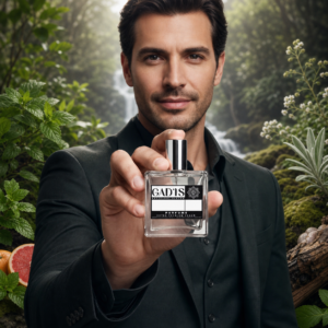 Homem com o Perfume Bosque Vivo 315 Vegano, contratipo inspirado no Arbo, com notas olfativas ao fundo