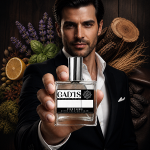 Perfume Azzarelle para Homem Vegano — frasco Gad’is com notas aromáticas ao fundo